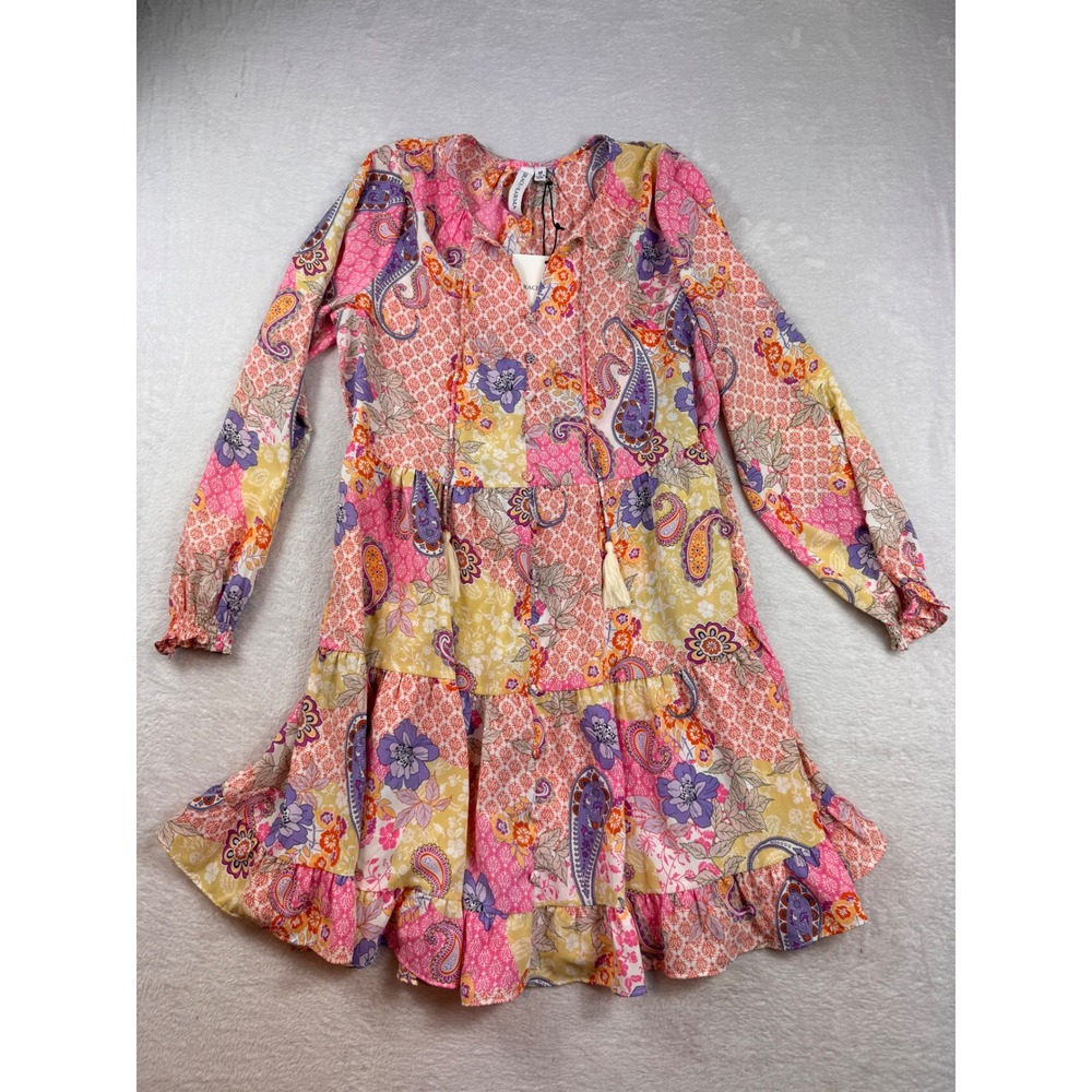 Grace + Karma Womens Patchwork Paisley Tassel Mini Dress Pink Orange Size M NEW